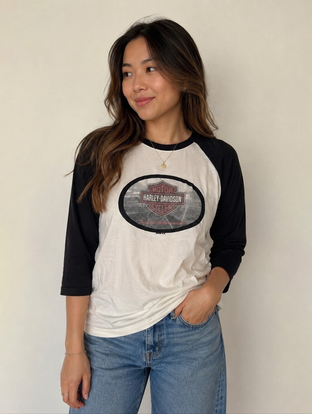Y2k- Harley-Davidson White & Black Raglan Baseball Tee